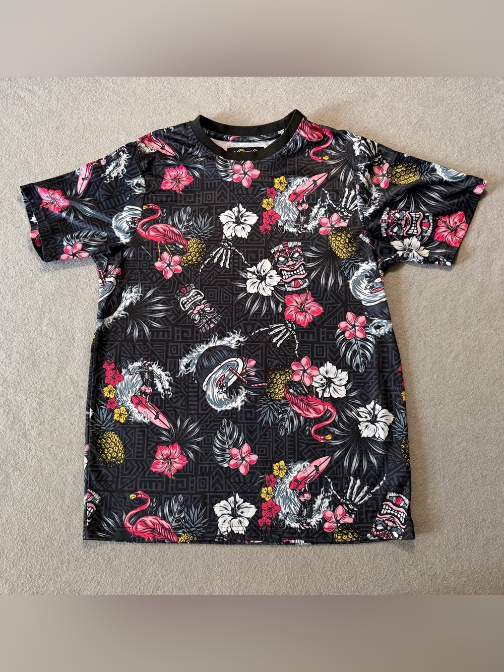 Good Vibes by Drill Clothing Co. Surf Shirt Men’s Medium Black Hawaiian Theme